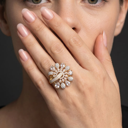 Luxora Celestial Bloom Halo Statement Ring – Floral Radiance Edition